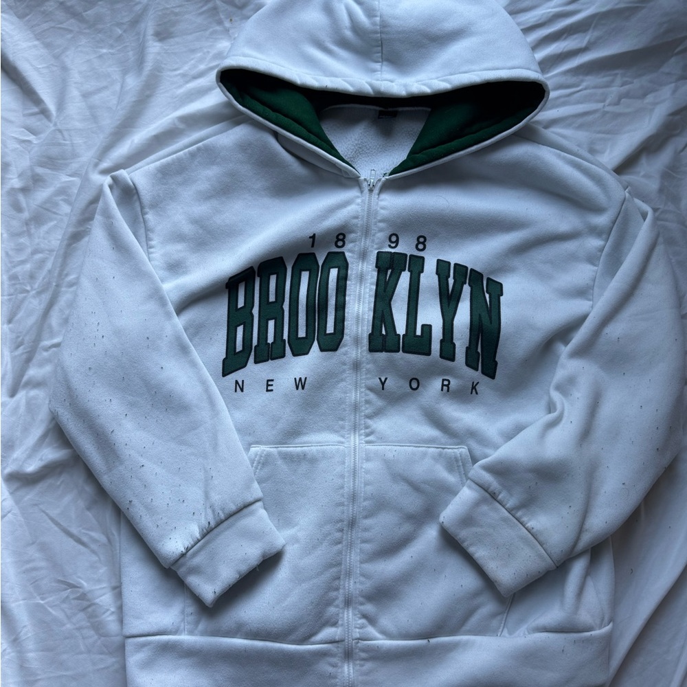 SHEIN White and Green Brooklyn Hoodie Sweatshirt